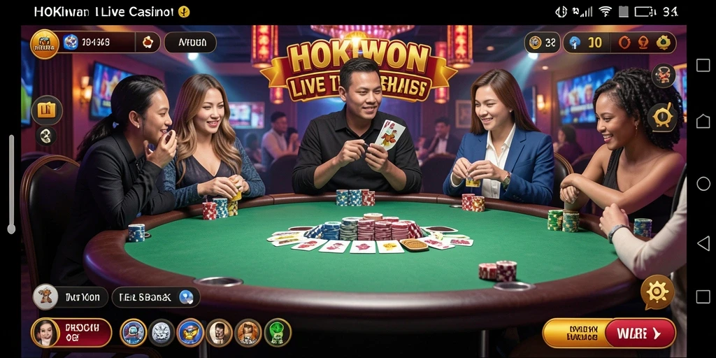 Screenshot HOKIWON menampilkan dealer profesional dan permainan Live Casino yang interaktif.