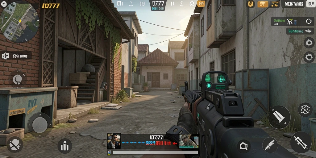 Tampilan gameplay mendebarkan dari ID777 di lingkungan FPS.