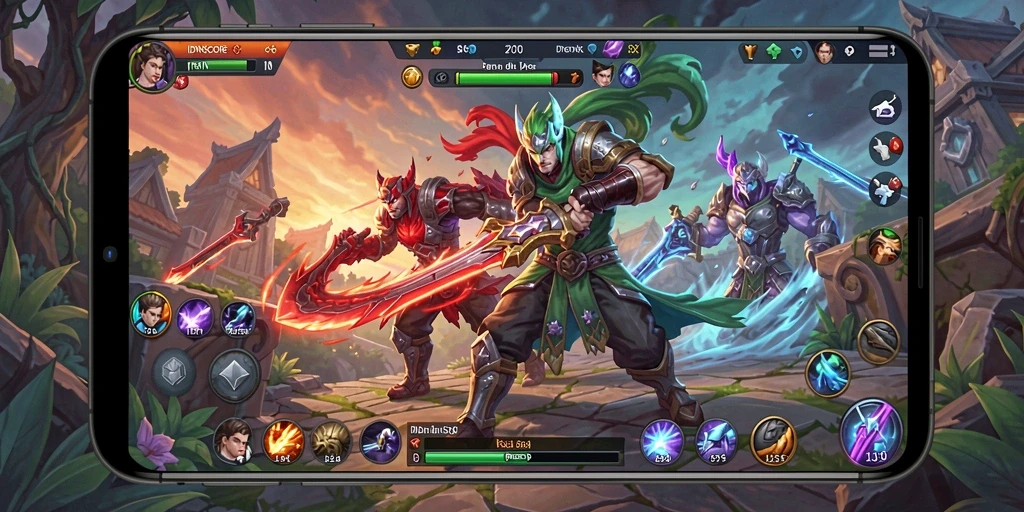 Tangkapan layar utama <strong>IDNSCORE</strong> menampilkan aksi seru di arena pertarungan MOBA.