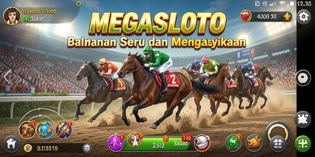 Gameplay seru dalam MEGASLOTO dengan balapan yang mendebarkan.