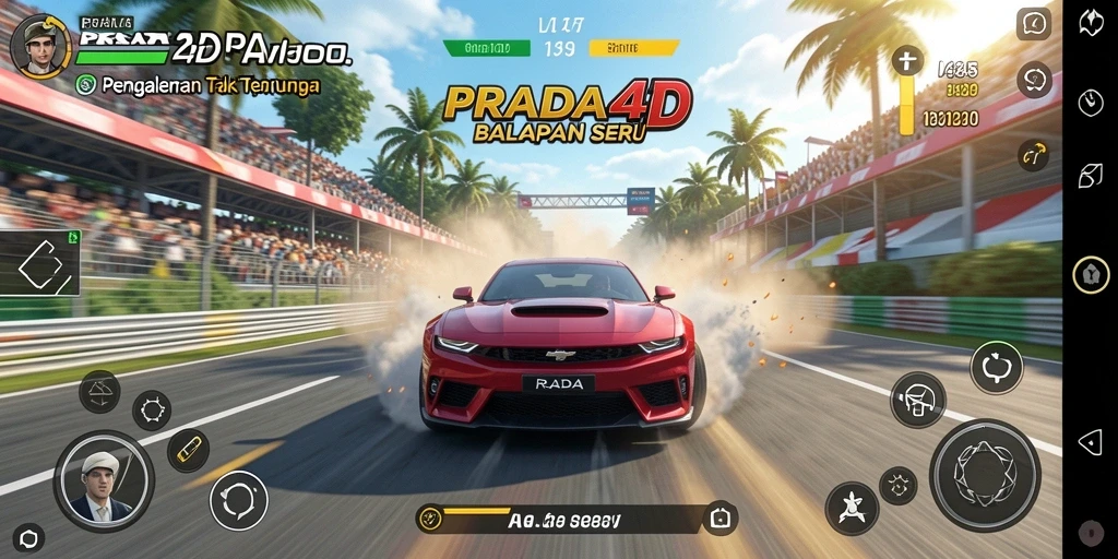 Screenshot gameplay PRADA4D menunjukkan balapan mendebarkan di lintasan yang menantang.