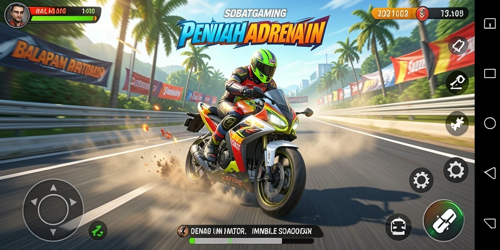 Screenshot menunjukkan aksi balapan motor yang mendebarkan.