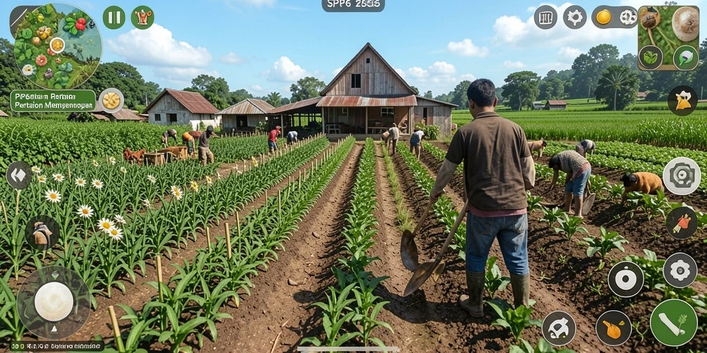 Screenshot utama SP666 menampilkan petani dalam aksi mengelola kebun.